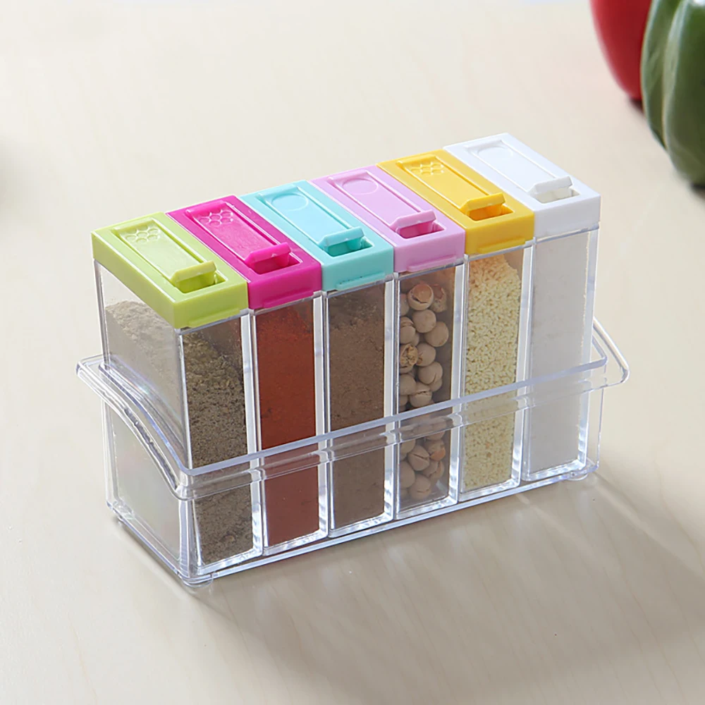 

Chef Set of 6 Spice Shaker Jars Seasoning Box Condiment Jar Storage Container with Tray for Salt Sugar Cruet Pepper Colorful, Transparent plastic box with colors lid