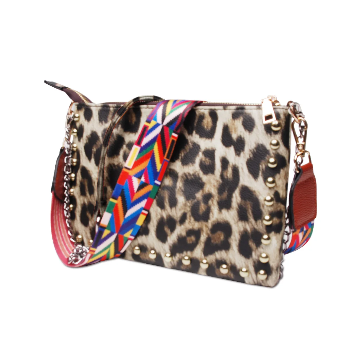 

wholesale Women PU leopard PU crossbody with Studs trims leopard clutch bag purse with chain and guitar strap DOM-1141718