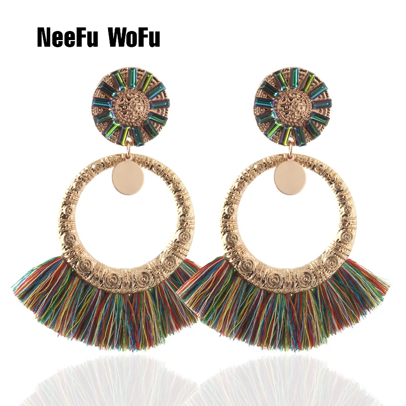 

NeeFu WoFu Bohemian Tassel Earrings Charm Metal Big Lion Head Flash Large Long Brinco Round Oorbellen Jewelry Wholesale