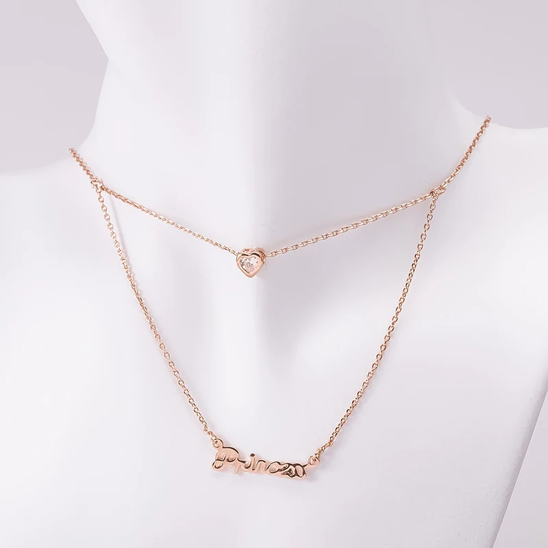 

YN10080 Italina Jewelry Manufacturer Heart Prince Two Layer Rose Gold Plated Clear CZ stone 925 Sterling Silver Brass Necklace