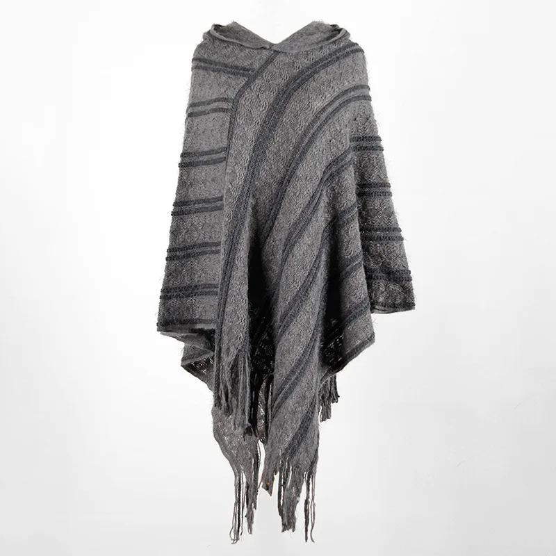 

2021 new women vintage hooded shawl fringed cape distressed striped sweater de mujer