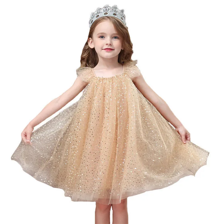 

New Summer Sleeveless Party Dress For Baby Girl Wholesale Kids Clothing Little Girl Princess Gauze Sequins Tutu Dress Ball Gown, Gold,black