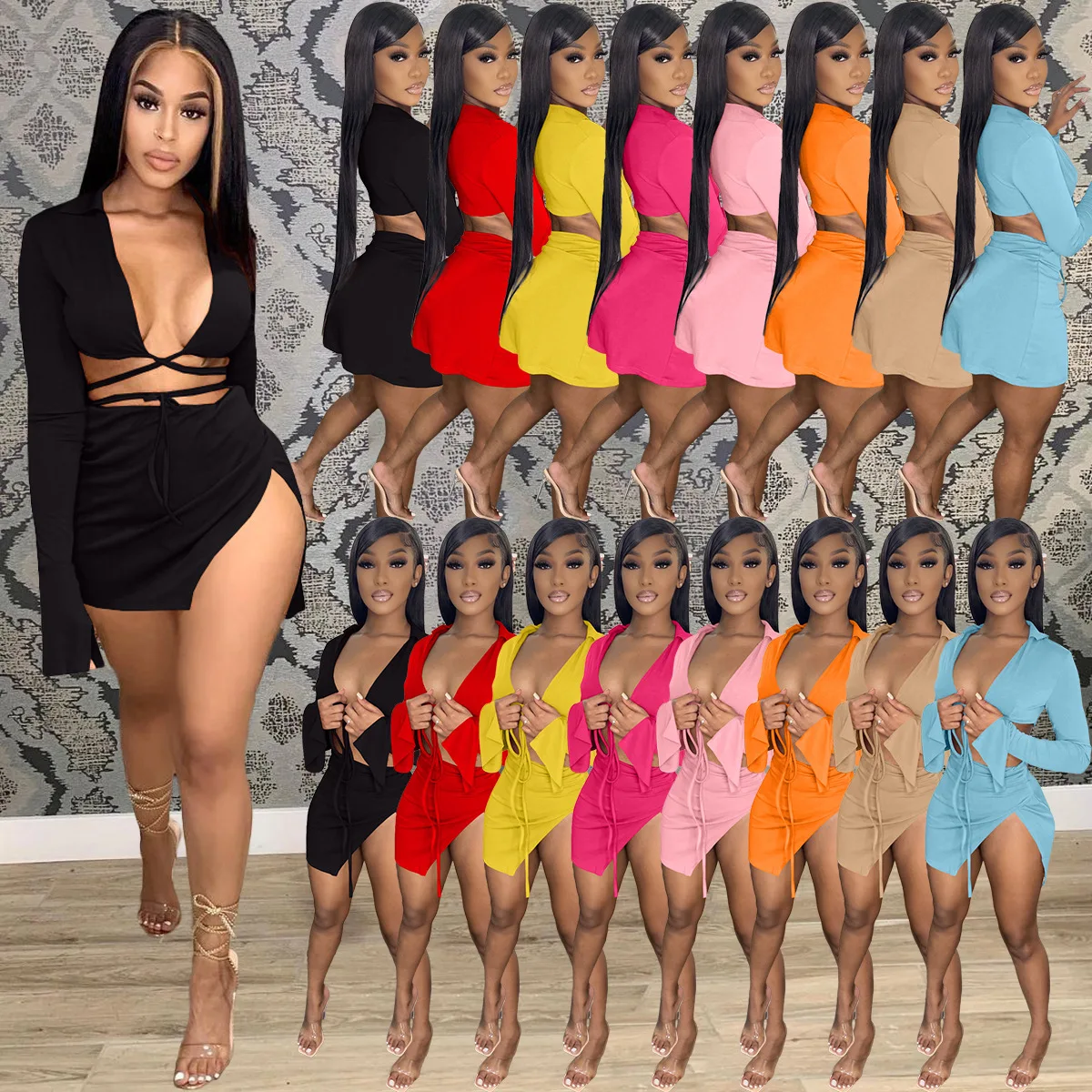 

CS037 valentine's day 2022 Newest design nightclub dress backless bandage slit two piece dress set, Shown