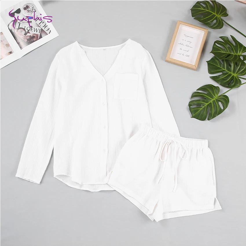 

Shorts Female Lacing Long Sleeve Set Woman 2 Pieces V-neck Sexy Sleepwear White Pijamas Women Cotton Pocket Suits