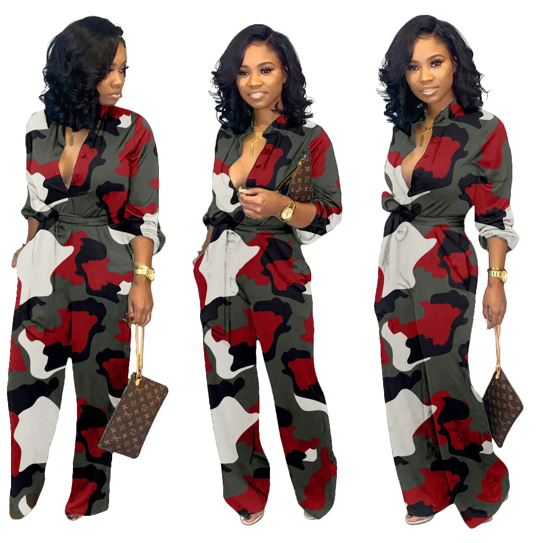 

Women Camouflage Print Long Sleeve Button Jumpsuit Turn-down Neck Military Straight Sashes Romper Casual Playsuit