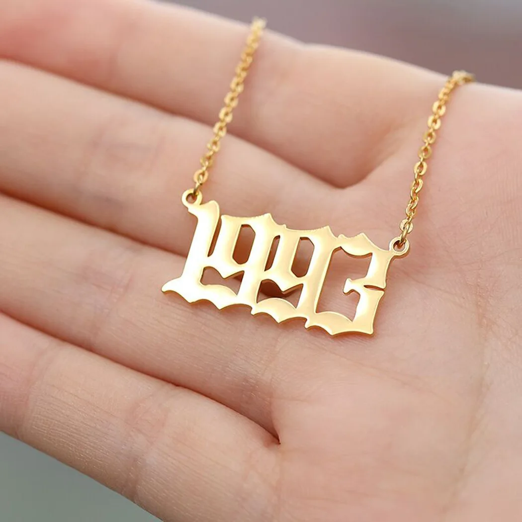 

HOVANCI 18k Gold 316L Stainless Steel Birth Year Necklace 6 Personalized Old English Arabic Year Number Pendant Necklace