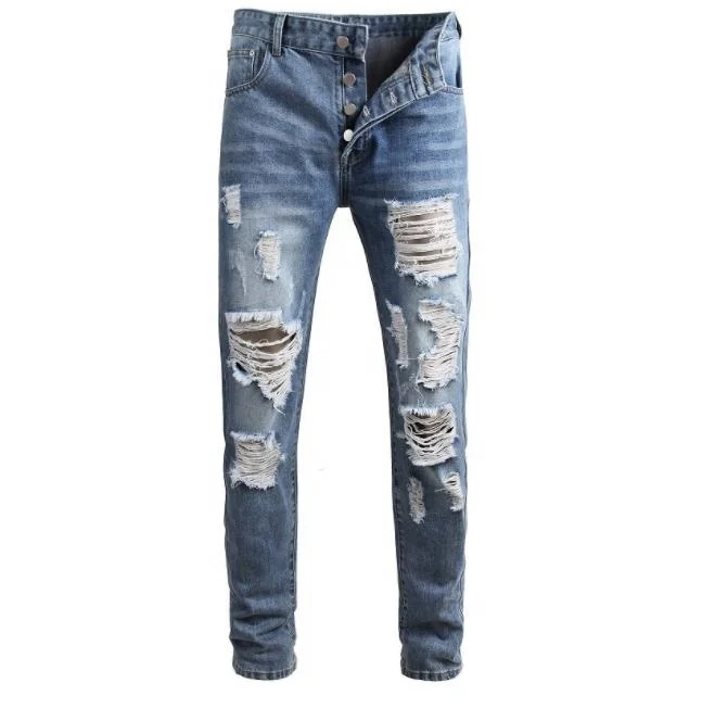 

Fashion Slim Blue Man Ripped Jeans Vintage Hole Motorcycle Pants