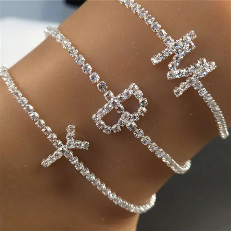 

Top Selling Crystal Initial Letter Cuban Link Anklets Foot Jewelry Rhinestone A-Z 26 Alphabet Ankle Bracelet For Women