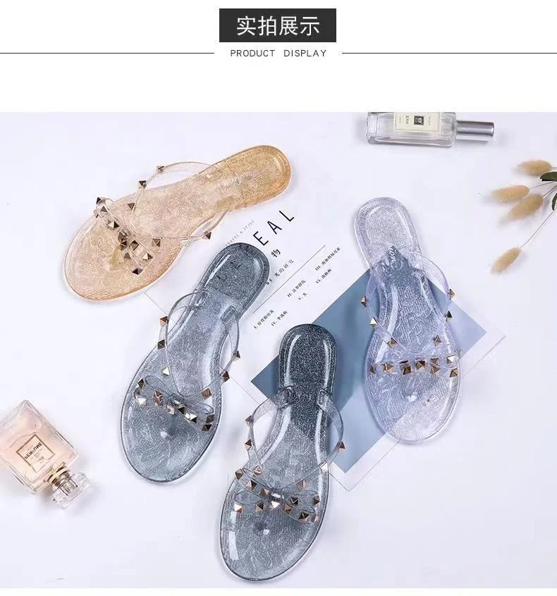 

J&H wholesale cheaper chic jelly flip flops with rivets women trendy slip on flat sandals outdoor beach shoes, 8 colors as picture