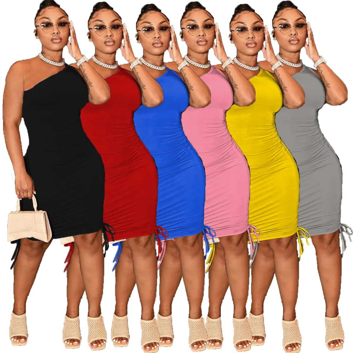 

YD - A8362 new arrival women mini dresses club bodycon pleated one shoulder summer dress 2021