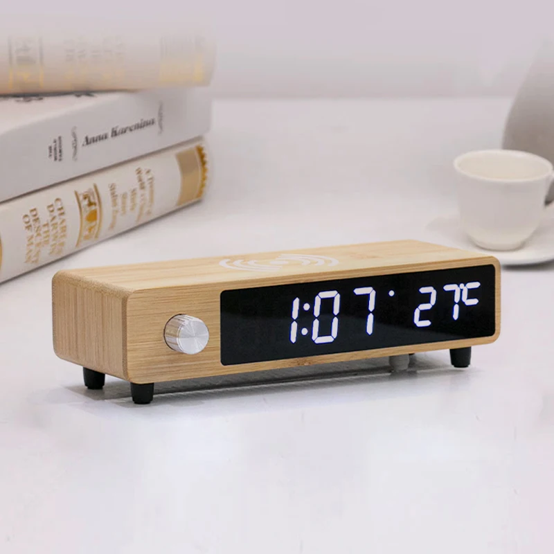 

Bamboo eco-friendly wireless charger 15w alarm clock wireless fast charger table side time clock shower