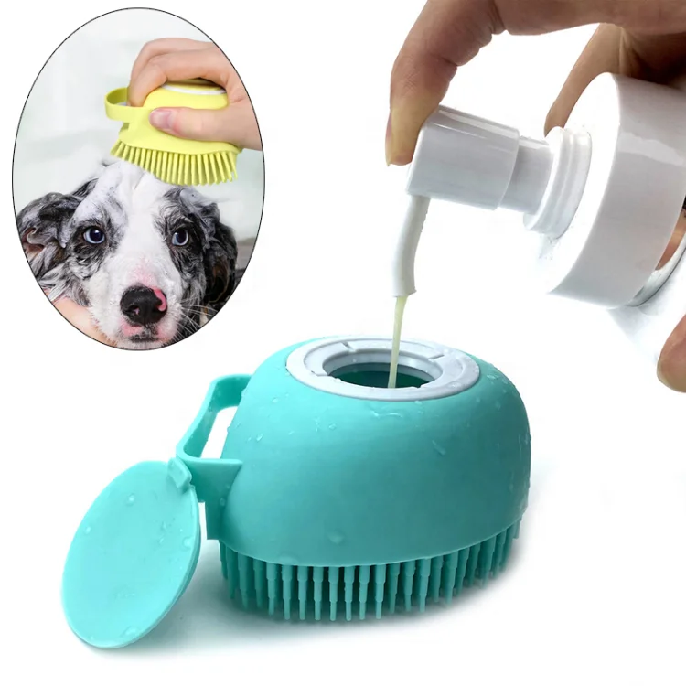 

Joyfamily Dog Bath Brush Pet Massage Brush Shampoo Dispenser Soft Silicone Brush Rubber Bristle Dogs and Cats Shower Grooming, Pink,green and yellow