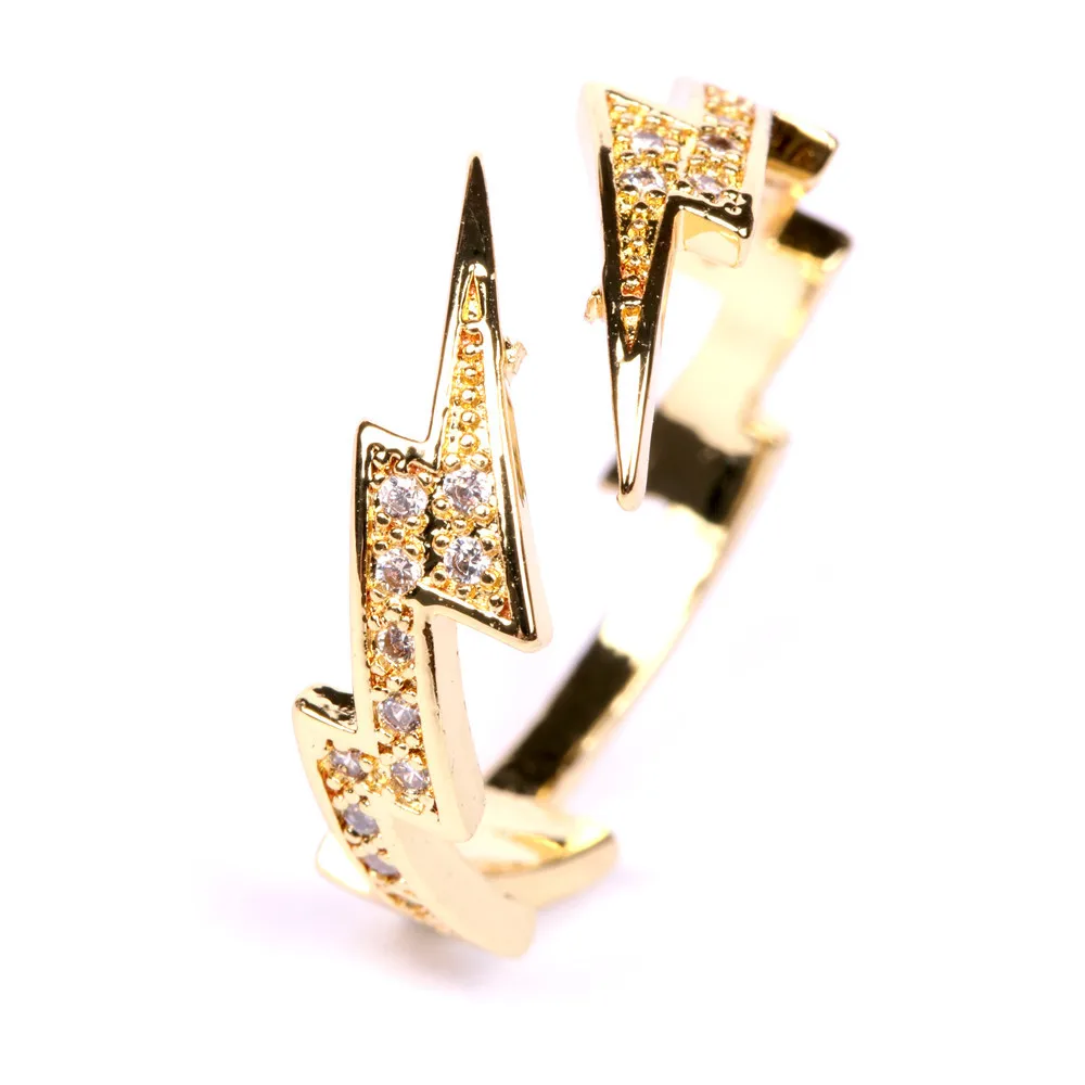 

European Personality Inlaid Zircon Lightning Open Ring Hip Hops Gold Plated Cubic Zirconia Lightning Rings For Women Girls