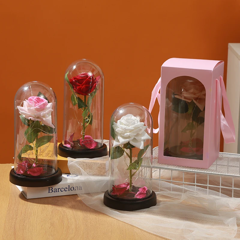 Valentines Day Gift Led Light Heart Eternal Preserved Rose in Dome for Wedding Home Decoration