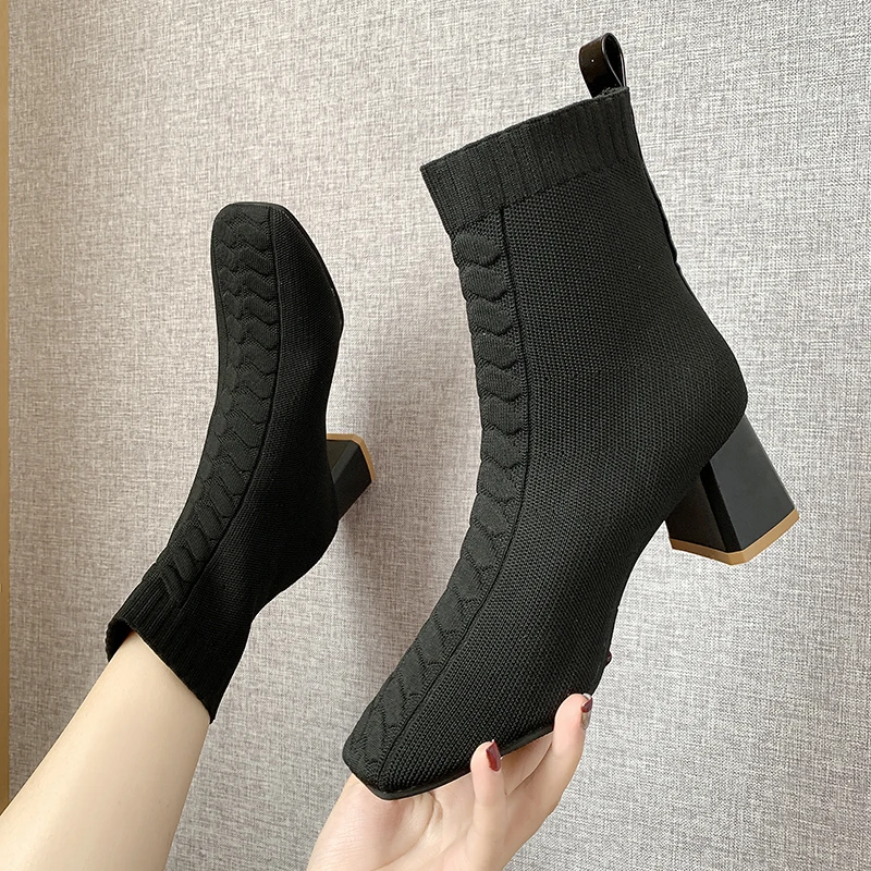

New Fashion High Heels Lady Boots With Knit Upper Winter Sock Boots Womens Ankle Boots, Black/red/beige