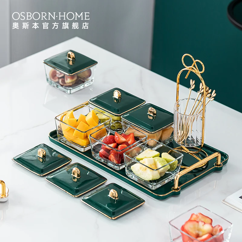 

OSBORN Modern glass dessert dish Snack bowl plate ceramics tray serving dish with lid, Picture