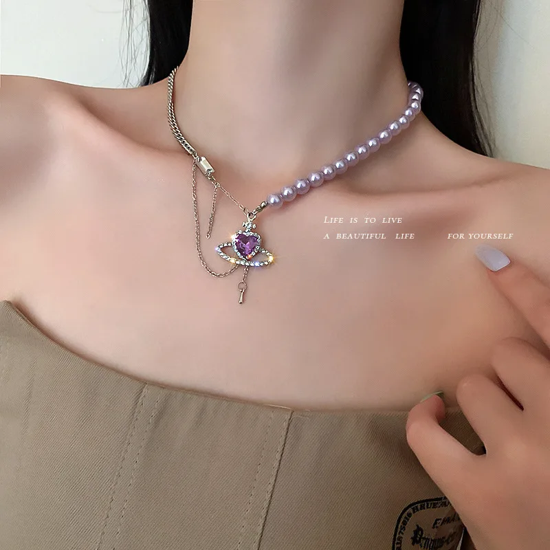 

new statement purple pearl heart crystal necklace