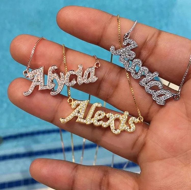 

925 sterling silver gold plated bling diamond name necklace personalised