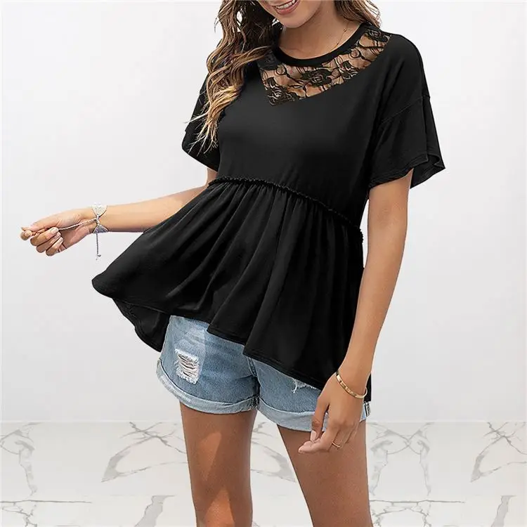 

MOEN High Quality Ladies Top Summer Short Sleeve Lace Neck Pleated Casual High Waist Black Women T-Shirt