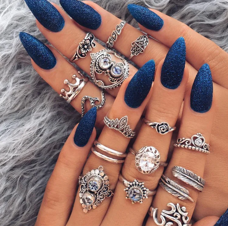 

16 Pcs/set Women Bohemian Vintage Crown Wave Flower Heart Leaf Crystal Opal Joint Ring Party Silver Ring Set