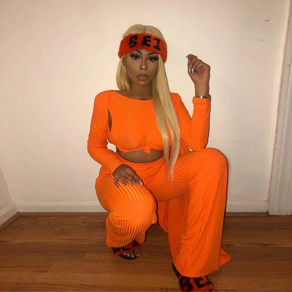 8323 Women Two Piece Outfits Autumn Winter O-neck Knit Tops and Wide Leg Pants Sweat Suit 2 Piece Matching Sets