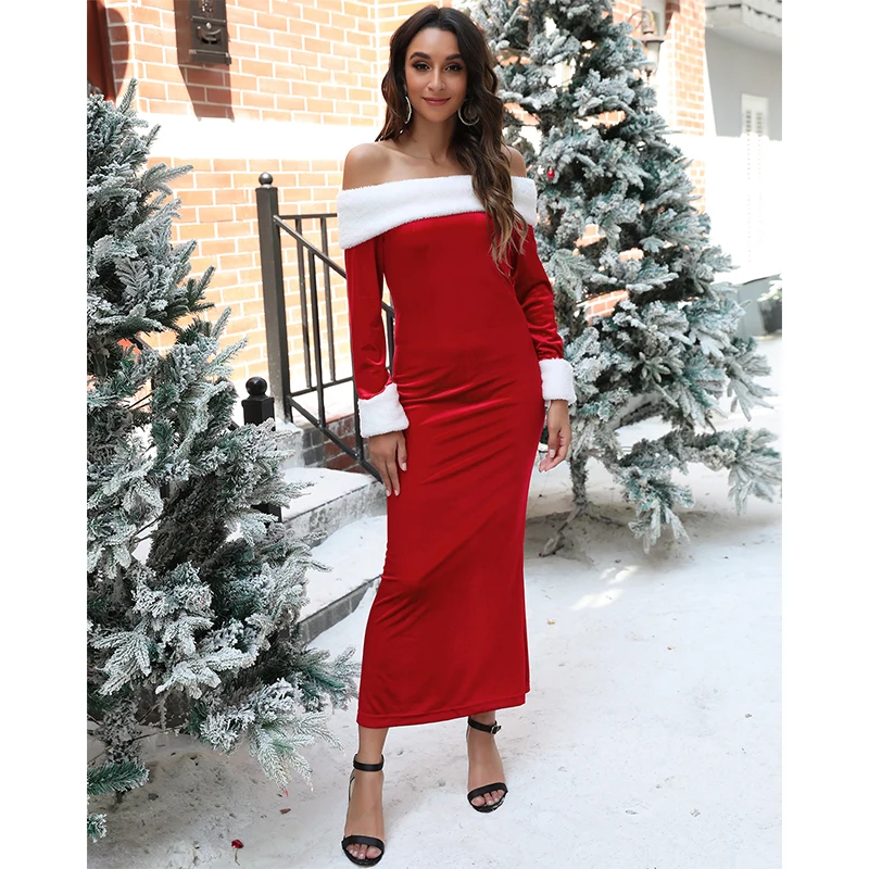 

F21549A 2020 ready to ship Christmas long one-shouldered women dress, Red
