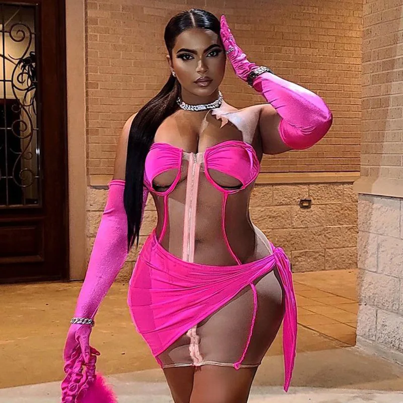 

Yingchchao 2022 Fashion Sexy Patchwork Chiffon Bandage Dress Sleeveless Short Dress For Women INS Party