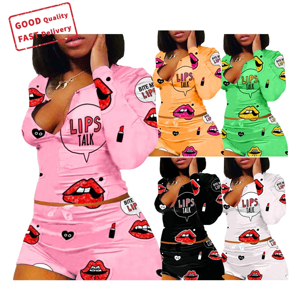 

spring 2021 New design lips talk pattern comfortable knit two piece set pajamas for women, Picture