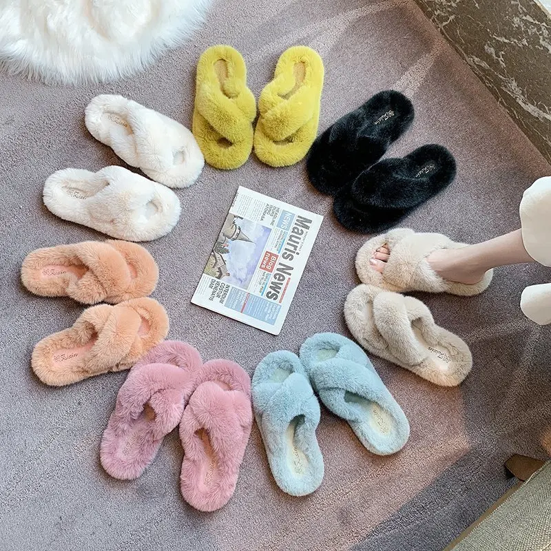 

Wholesale Winter House Slipper Warm Faux Fur Slides Fashion Woman Cozy Home Fur Slippers