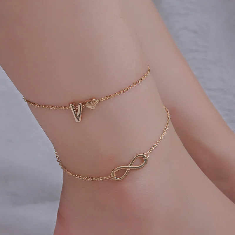 

A-Z Initial Anklets w/ Love Heart Charm Letter Ankle Bracelet Gold Plated Jewelry Endless Love Symbol Infinity Ankle Bracelet, Gold , silver