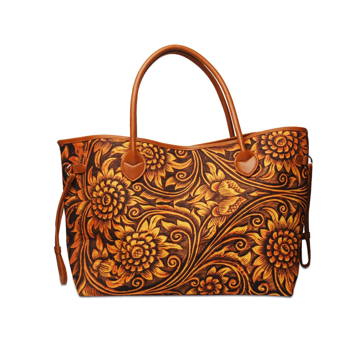 

New Style Tote Bag Mustard Engraving Flowers Tote Shoulder Bag Commute Shopping Travel Bag