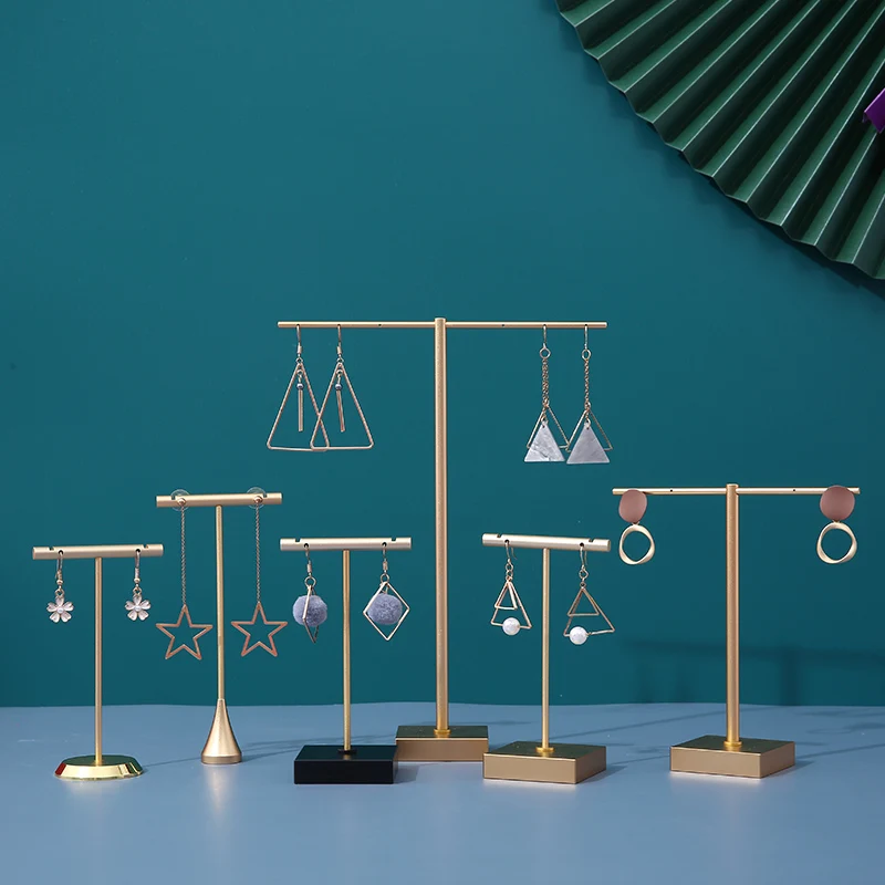 

Jewelry Store Stainless Steel T-bar Earring Display Stand Jewelry Organizer Earring Trees for Showcase With Various Base, Gold