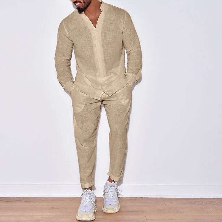Streetwear S-3XL Autumn Men's Casual Linen Set Long Sleeved Cardigan Collar Top Loose Fitting Work Pants 2-piece Set