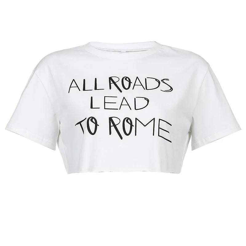 

Loose letter print short-sleeved T-shirt women white pullover round neck short top