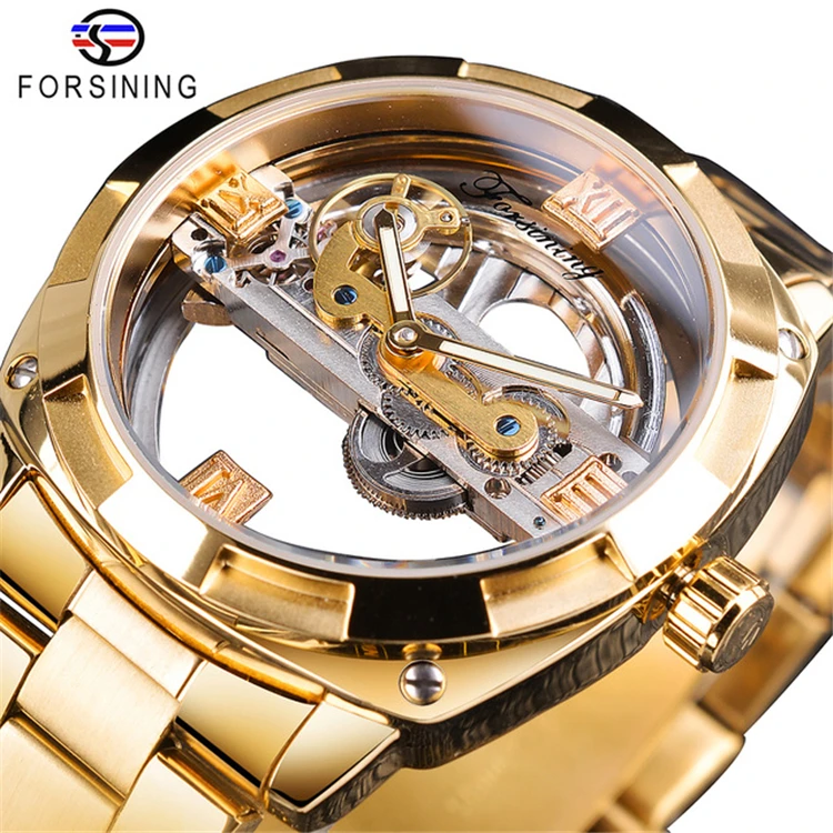 

Forsining watch GMT1165 Business Waterproof Man Reloj Skeleton Transparent Dial Golden Automatic Mechanical Mens Wristwatches