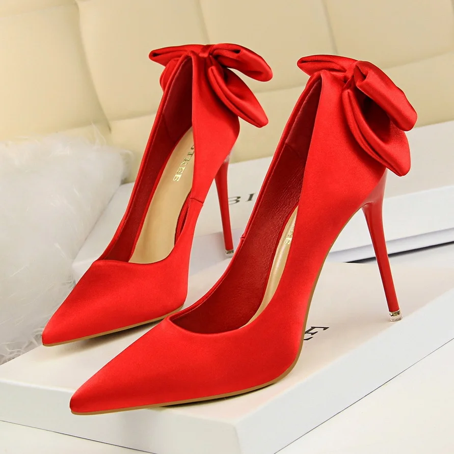 

Fashion Sweet Girl High Heels Shoes Stiletto Satin Bow Shoes Pumps