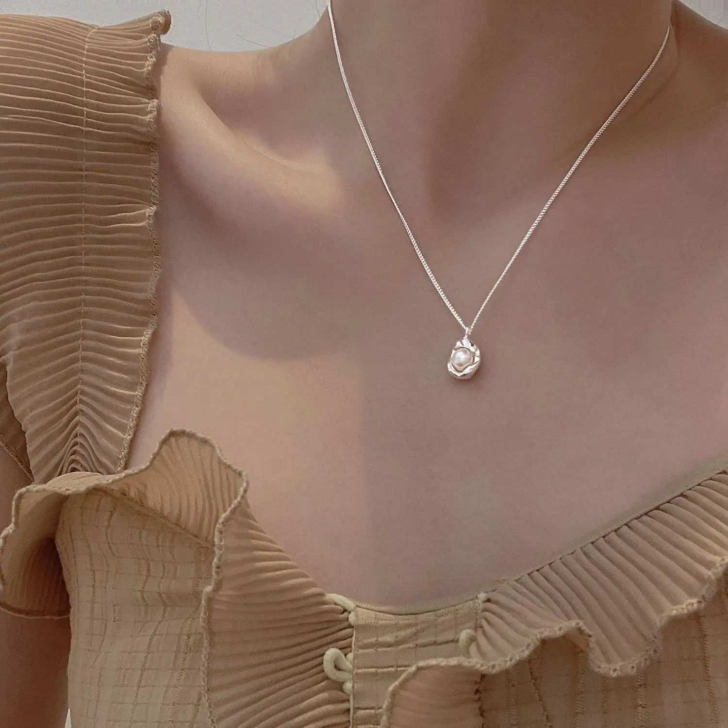 Wholesale New Fashion Jewelry Chain 925 Silver Geometry Pearl Necklace for Women