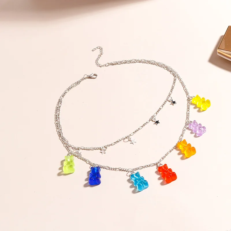 

2021 Cute Candy Color Gummy Bear Necklace Litter Star Double Layer Chain Choker for Women, As show