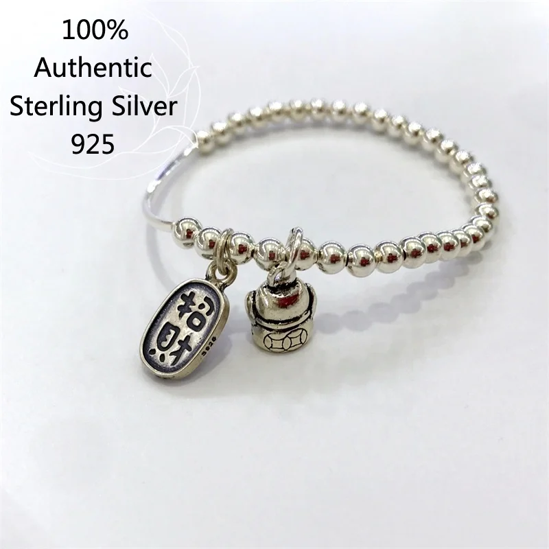 

Silver Beads Chain Lucky Cat For Women Girls Amulet Money Ethnic Tibetan Buddhism S925 Antique Silver Bangle Elastic Bracelet