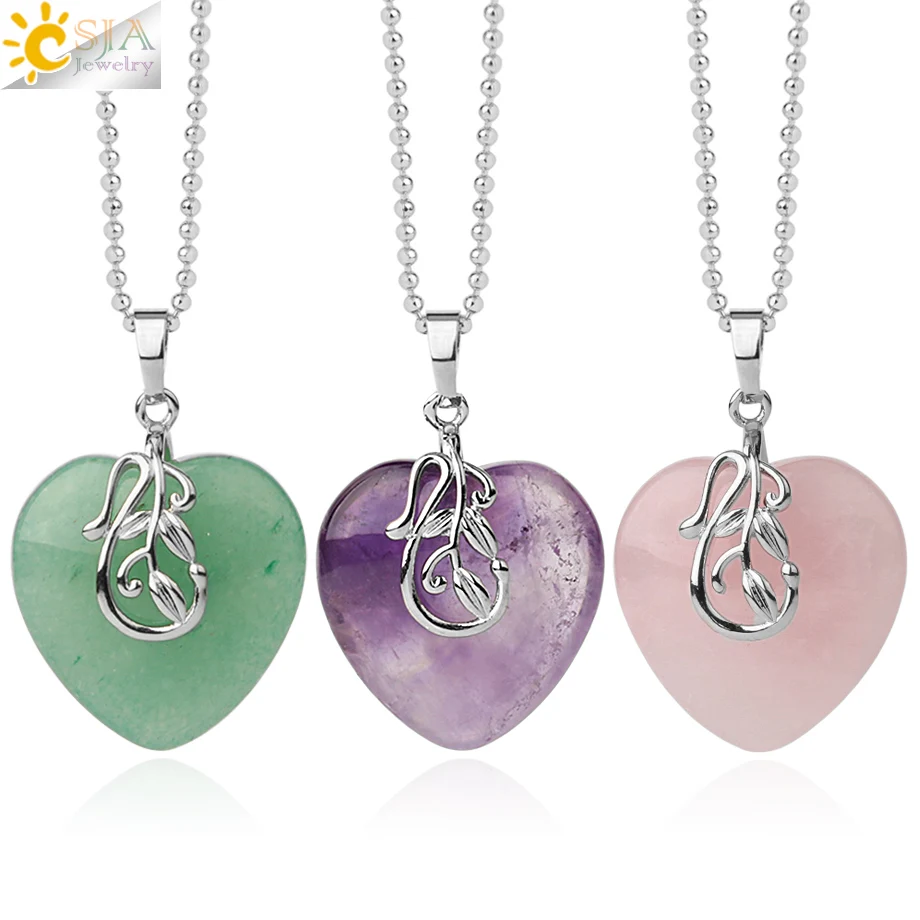 

CSJA wholesale natural crystal heart pendant necklace healing stone women fashion amethyst necklace G412