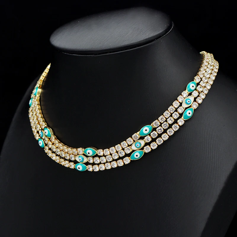 

2021 New Design Micro Paved CZ Lucky Turkish Lady Party Gold Plated Shaped Oval Blue Evil Eyes Necklace