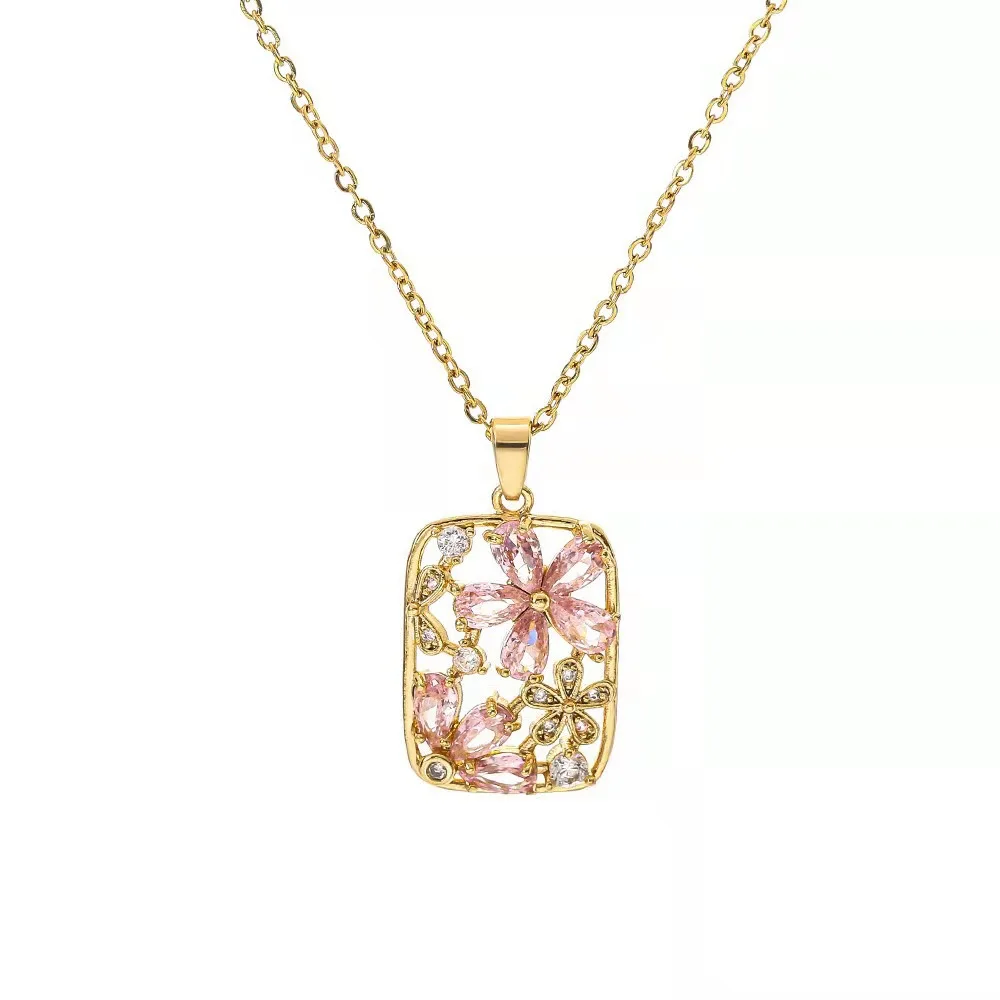 

Fashion Toptan Kolye Geometric Pendant Pink Zircon Flower Stainless Steel Design Jewelry Diamond Necklace