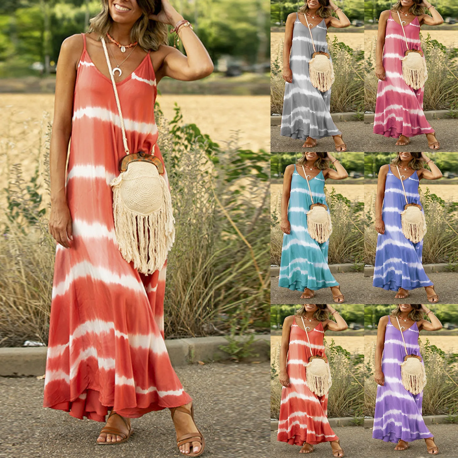 

Cross-border women's dress hot hot style sexy American and American condole belt Mosaic stripe big dress women, As picture shows