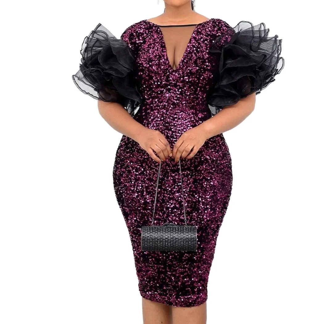 

3xl Women Velvet Mesh Splicing Hip Wrap African Party Dress Sequin Evening Dresses Plus Size, Customized color