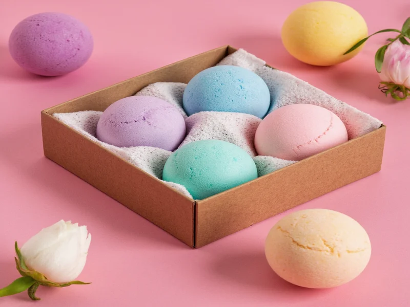 Colorful handmade bath bombs in eco-friendly packaging