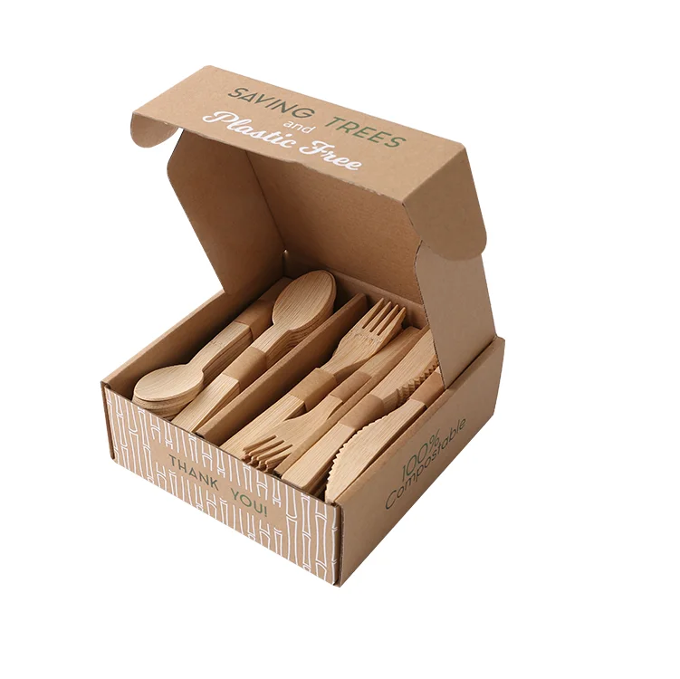 

100-300pcs set disposable bamboo fork spoon knife wooden tableware/cutlery/flatware set with case/mailer box, Natural