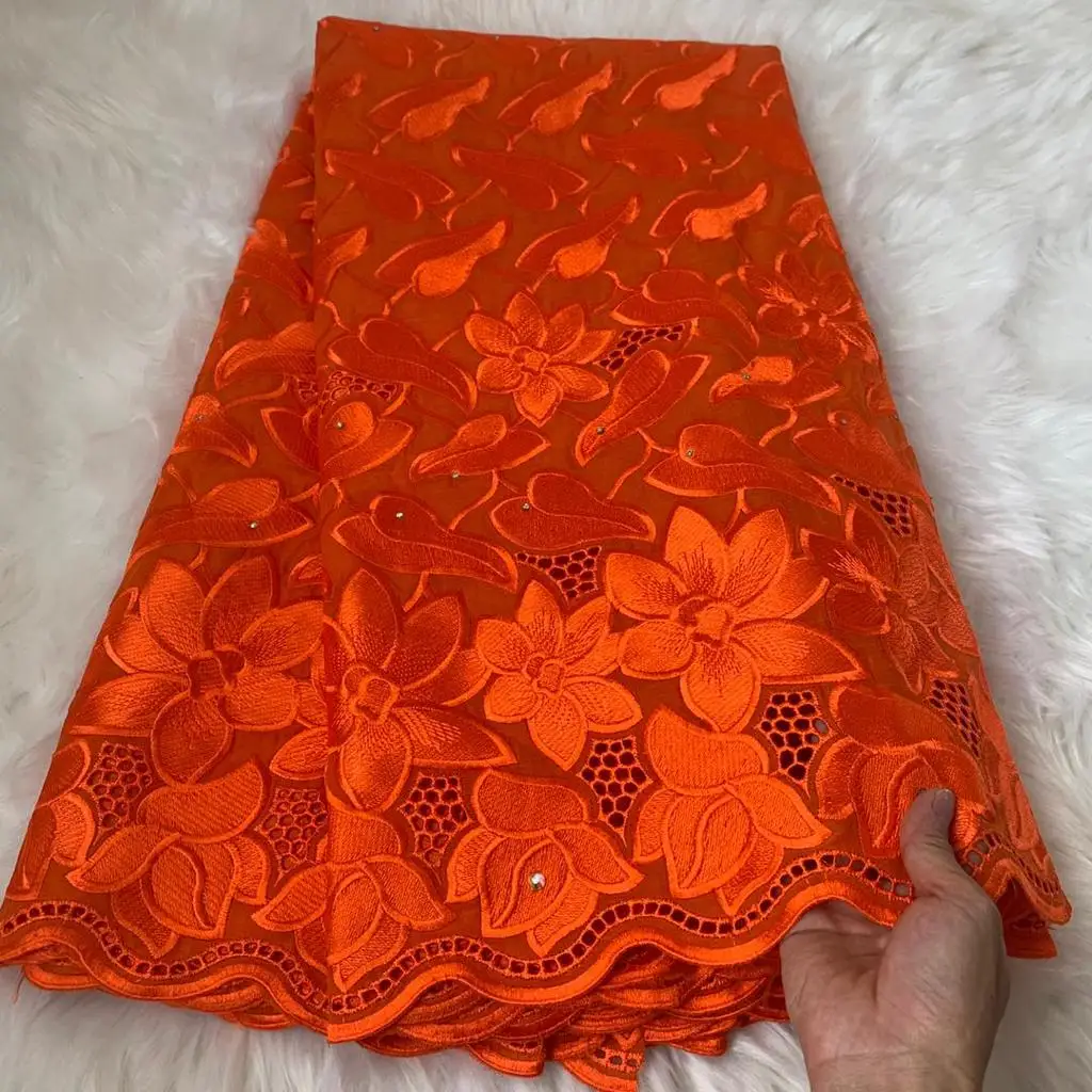 

Hot Sell 2021 New Design Embroidery French Cotton Lace Fabrics With Stones High Quality Wedding Swiss Cotton Lace