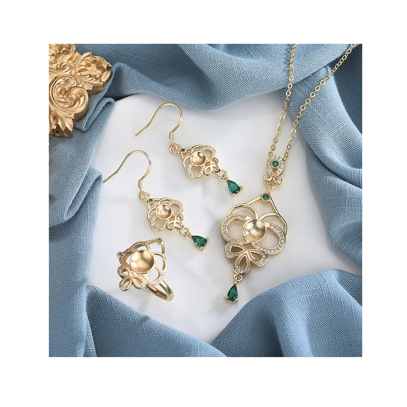 

three-piece set inlaid chalcedony pearl earrings ring necklace zircon female jewelry set Handmade Jewelry customizable material