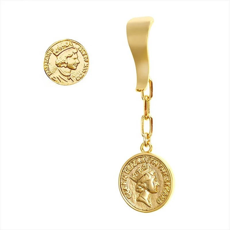 

Retro classic roman coin series earrings real gold plated asymmetrical wild temperament earrings