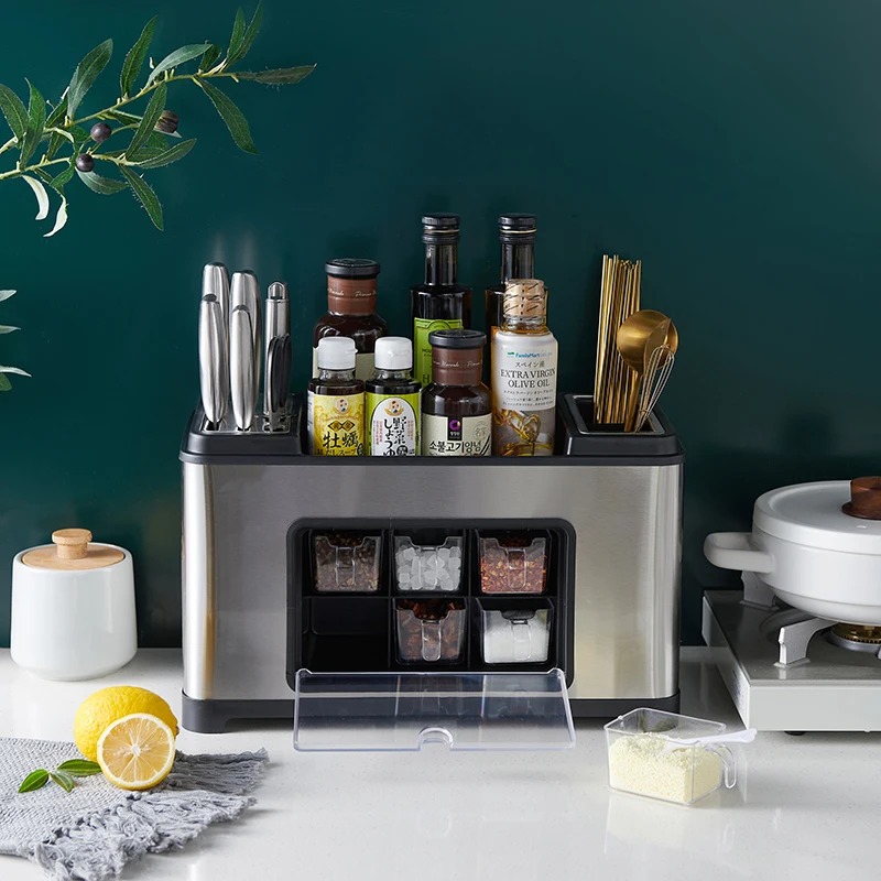 

Multifunctional Knife Holder and Seasoning Box rack Stainless Steel Kitchen Storage Holder and Rack, Gray